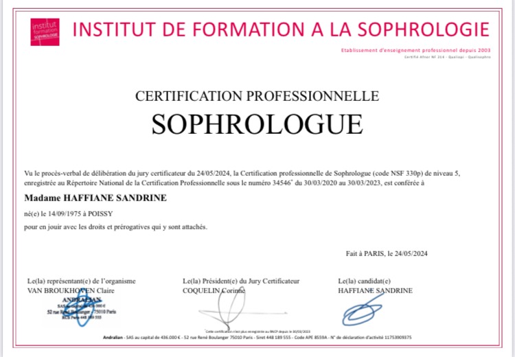photo diplome Sandrine HAFFIANE SOPHROLOGUE
