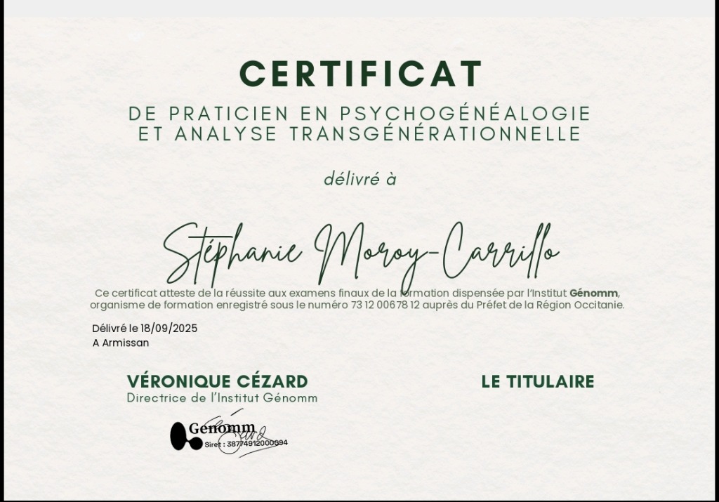 photo diplome AMARYS - Cabinet de Psychogénéalogie