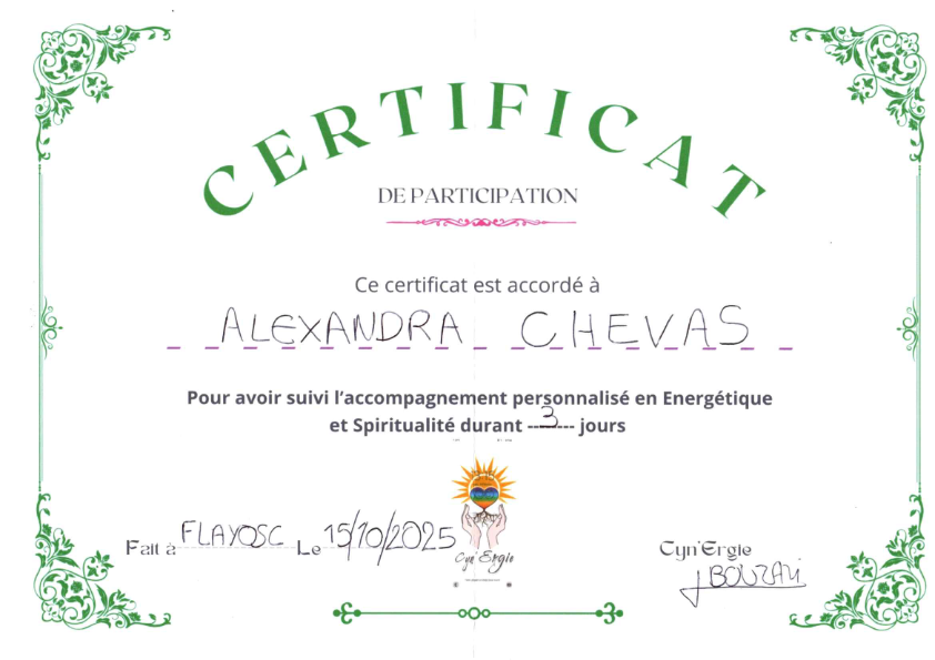 photo diplome LUMIERE DE SOI - Alexandra