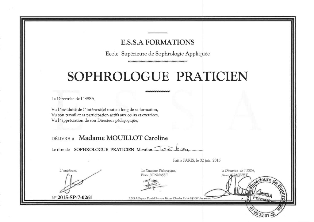 photo diplome Caroline MOUILLOT - Sophrologue