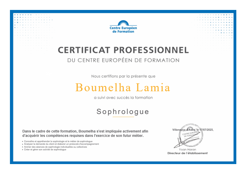 photo diplome Lamia_Sophrologie