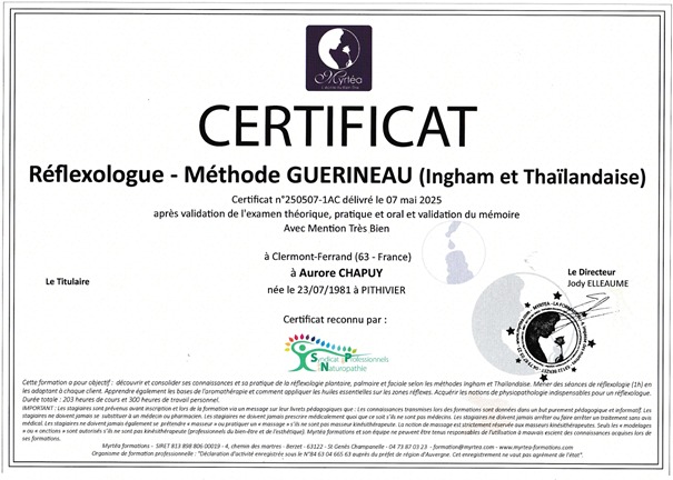 photo diplome Aurore Chapuy - Cabinet La Clé des Champs