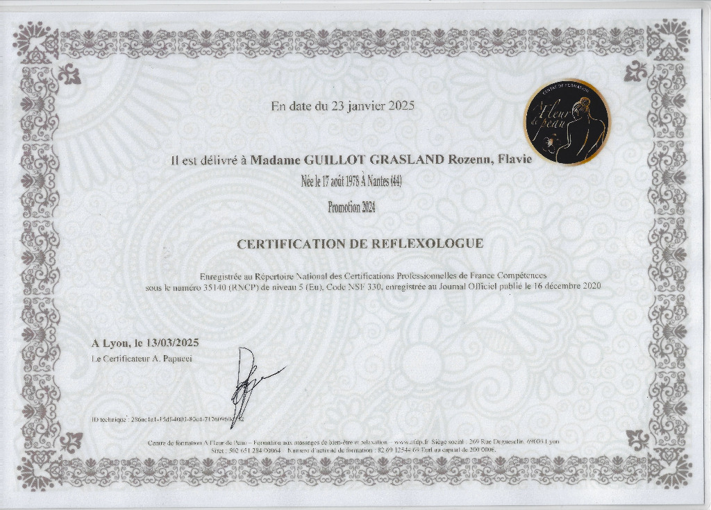 photo diplome Rozenn G. Réflexologie