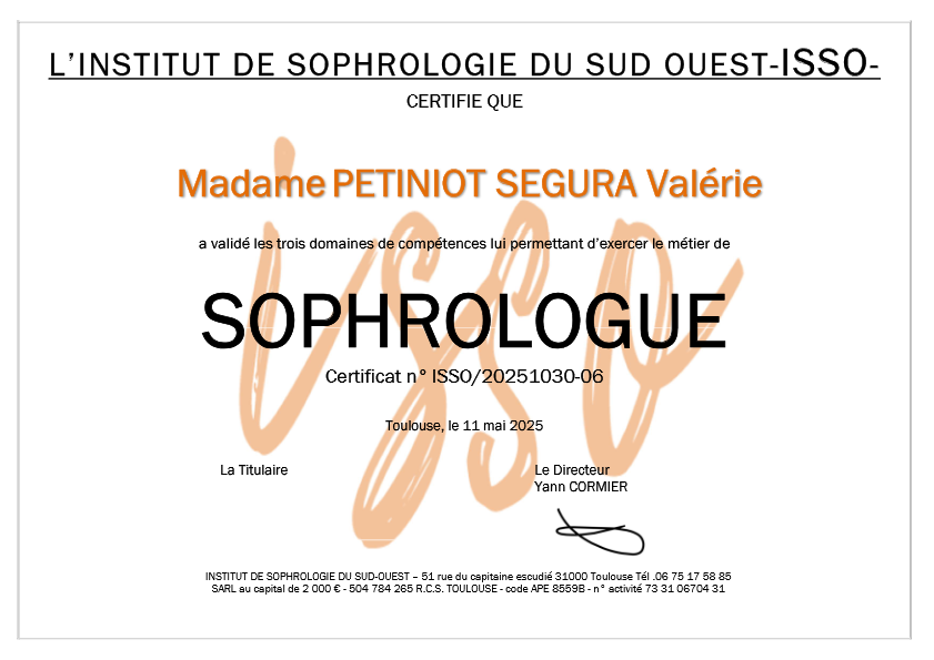 photo diplome Valérie Ségura Sophrologue