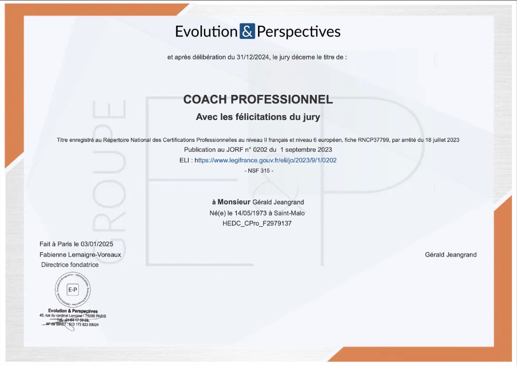 photo diplome Gerald Jeangrand - Coach certifié RNCP
