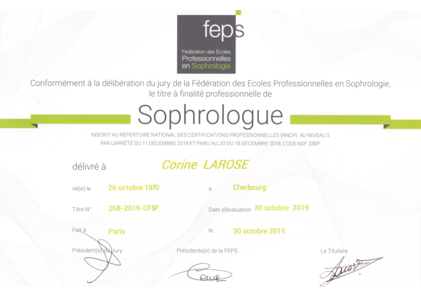 photo diplome Corine LAROSE Sophrologue