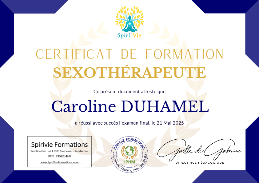 photo diplome Caroline Duhamel Sexothérapeute