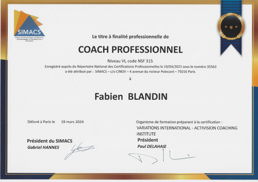photo diplome Evolutiv’Coach Fabien BLANDIN