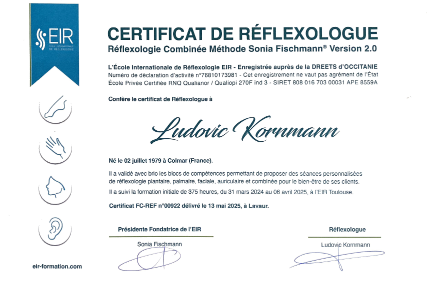 photo diplome Ludovic Kornmann Réflexologue
