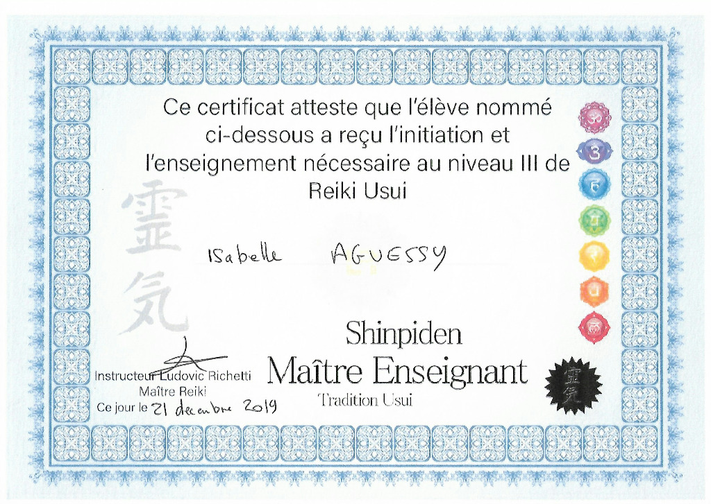 photo diplome Isabelle Aguessy - Soins énergétiques et massages