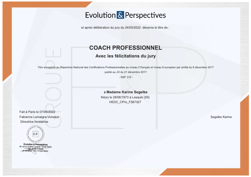 photo diplome KARINE Segelke - YZA Coaching