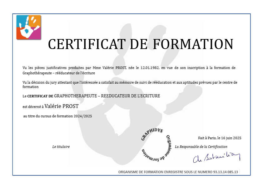 photo diplome Valérie Prost- Graphothérapeute