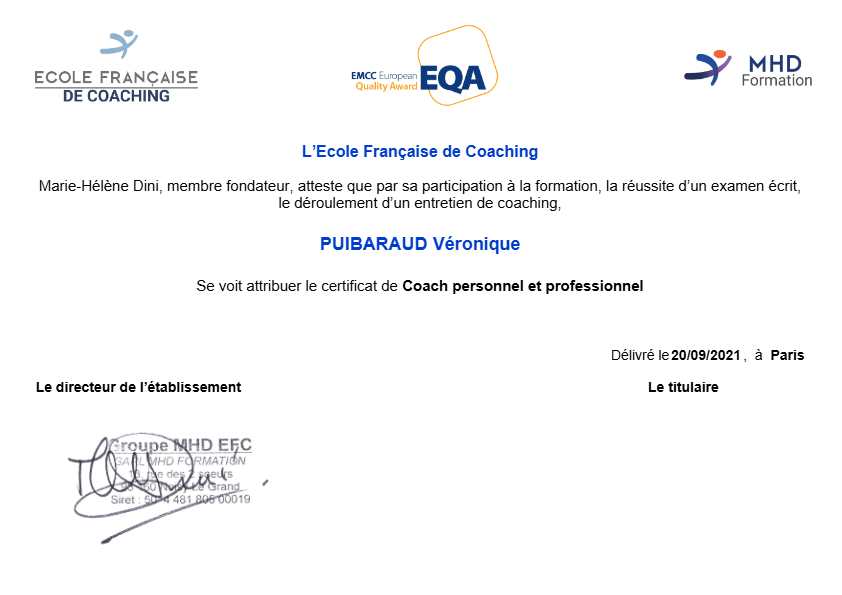 photo diplome Véronique - Séicoaching Oser être soi