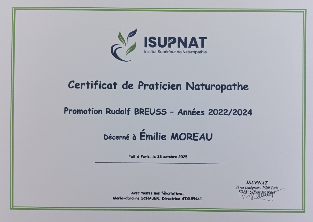 photo diplome Emilie MOREAU Naturopathe - Magnétiseuse