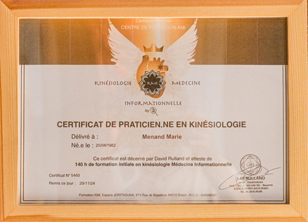 photo diplome En Harmonie Kinésiologie