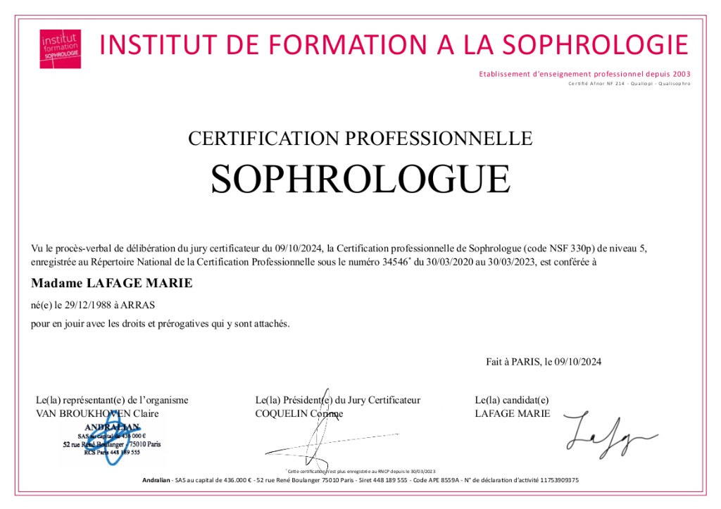 photo diplome Sophrologie-Les Choses Simples- Marie LAFAGE