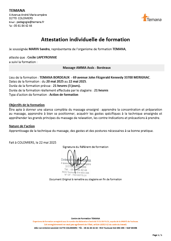 photo diplome MASSAGE DETENTE AWA