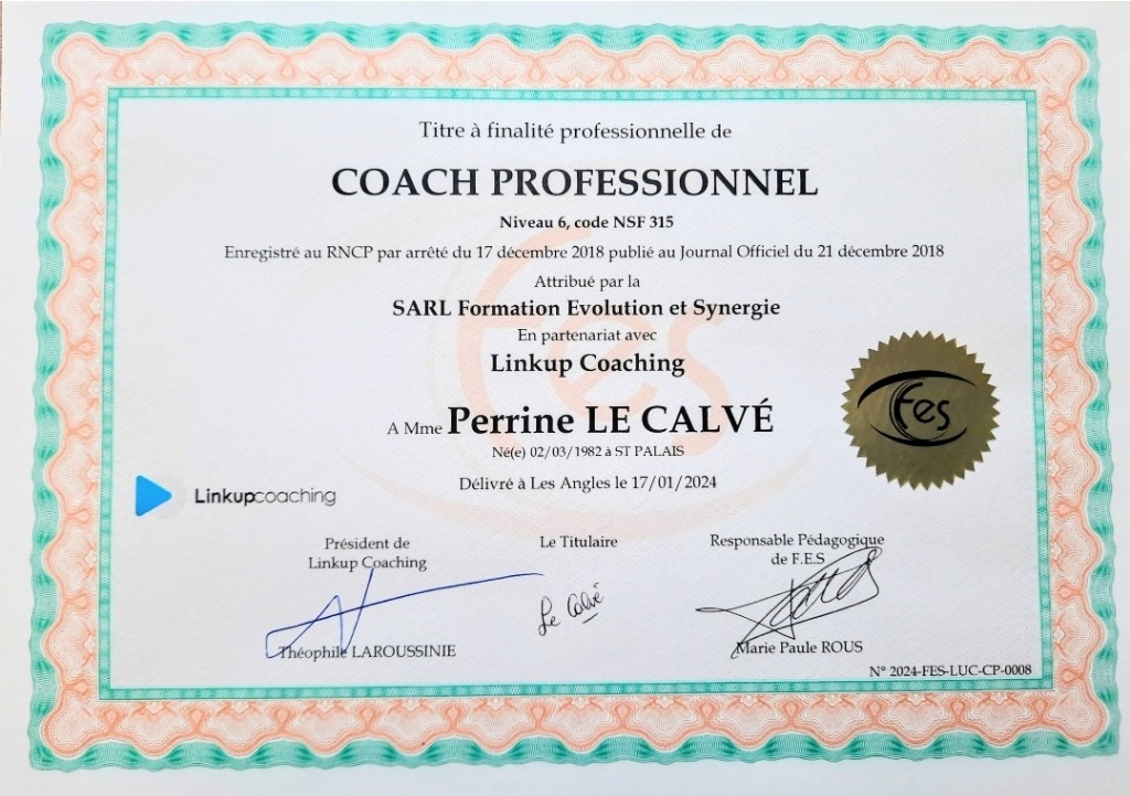 photo diplome Perrine Le Calvé Coach Professionnelle Certifiée