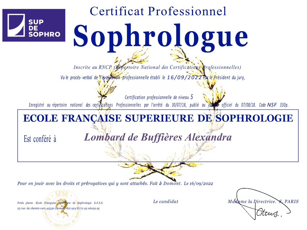 photo diplome Alexandra Sophrologue