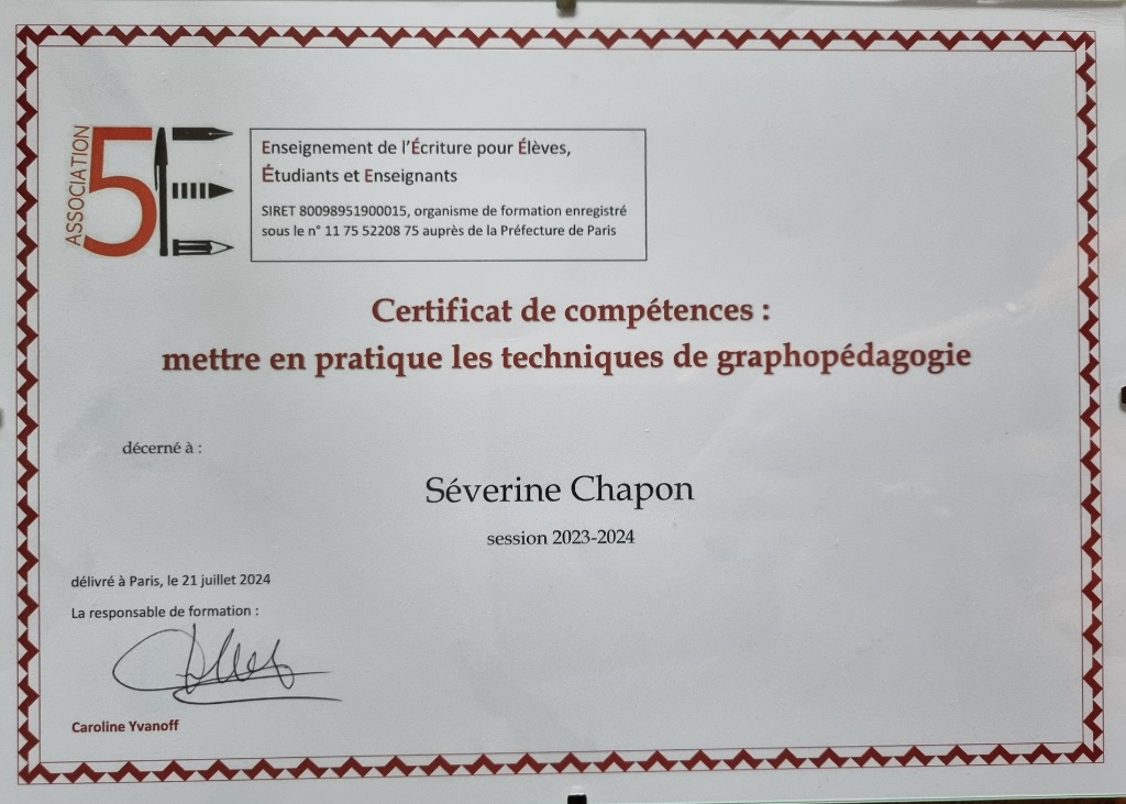 photo diplome Le sens de l’écriture _ Graphopédagogie
