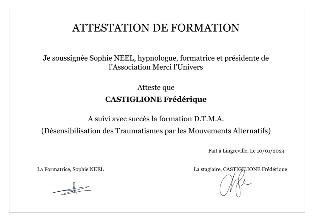 photo diplome Frédérique Castiglione - Thérapie Énergie