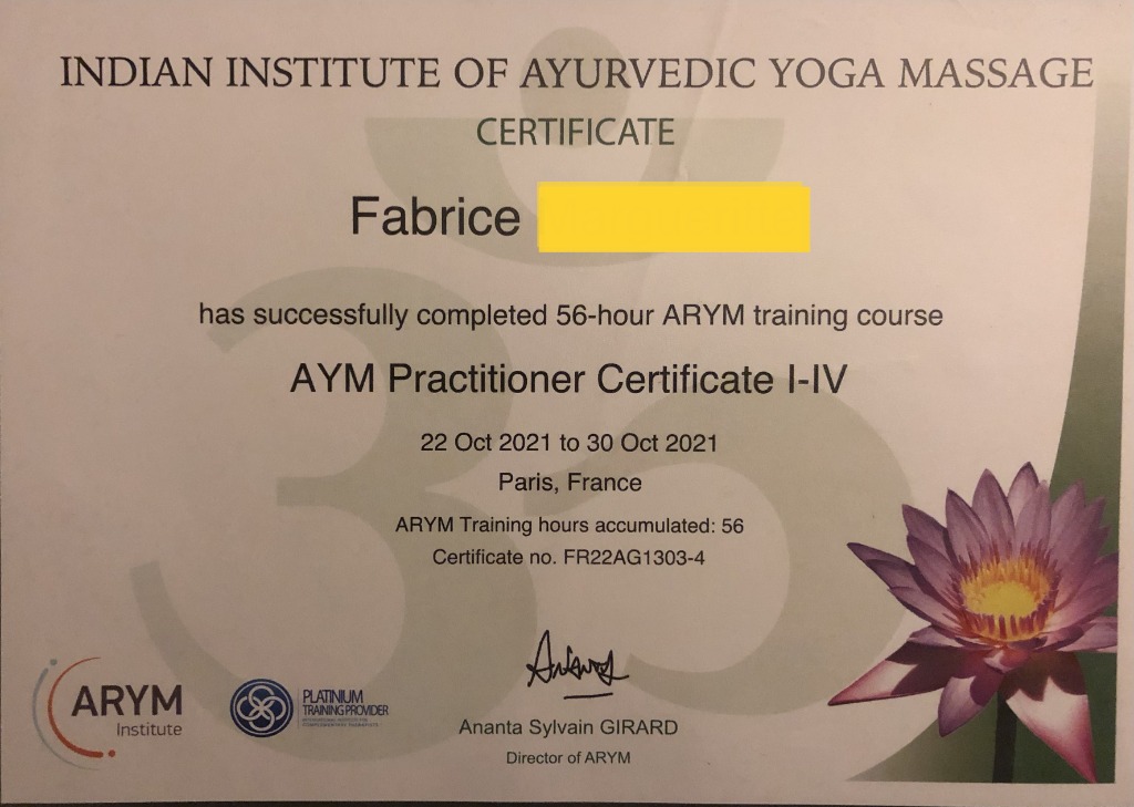 photo diplome Massage Paris / Hauts-de-Seine Fabrice EPIONE