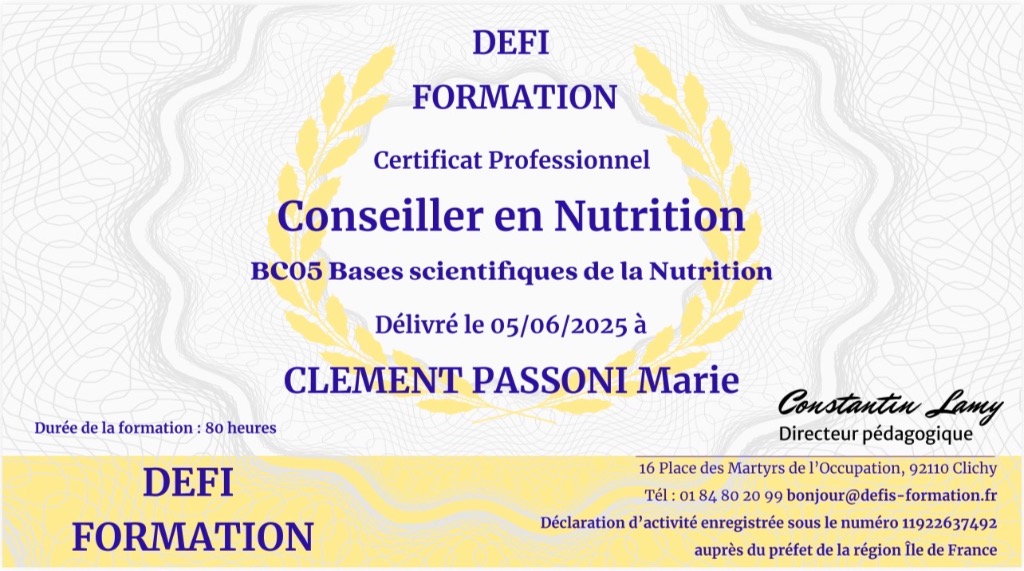 photo diplome Marie Nutrition & Équilibre du corps