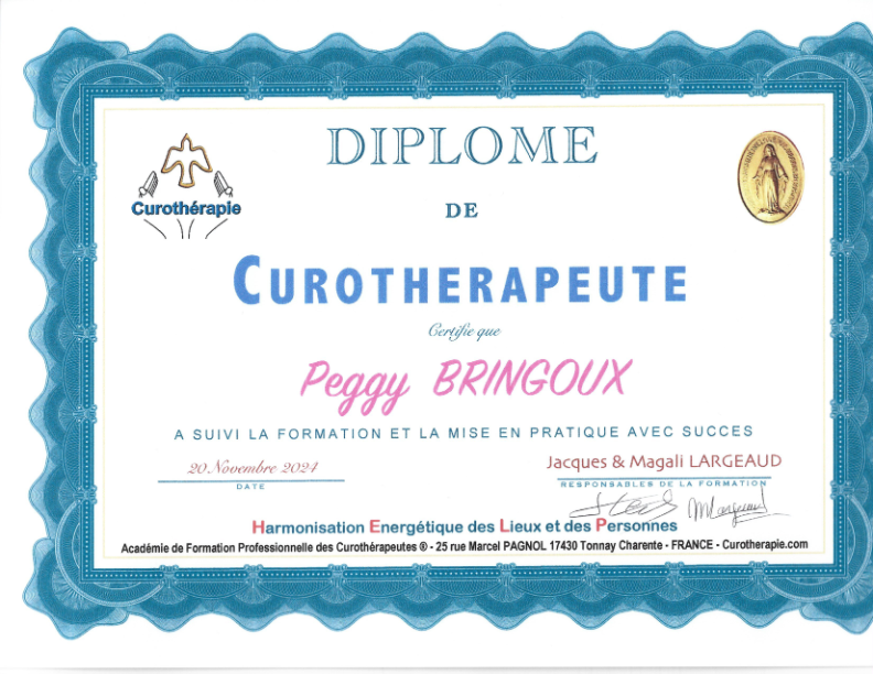 photo diplome Peggy Bringoux Curothérapeute