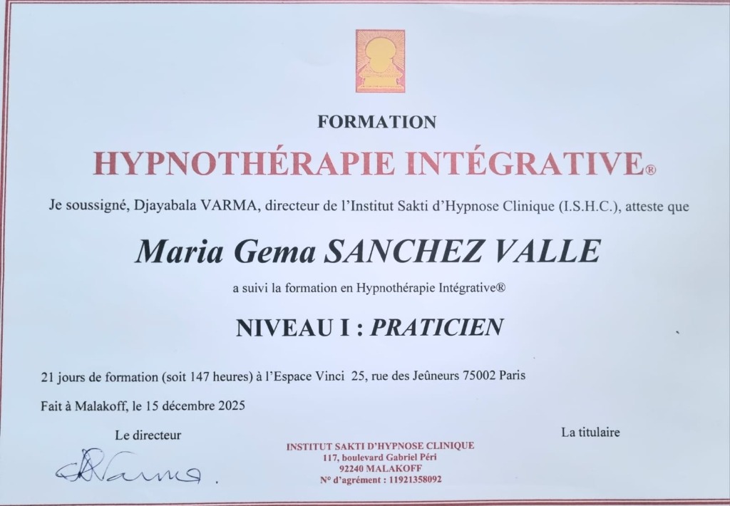 photo diplome Maria Gema SANCHEZ- Hypnothérapie | Sophrologie