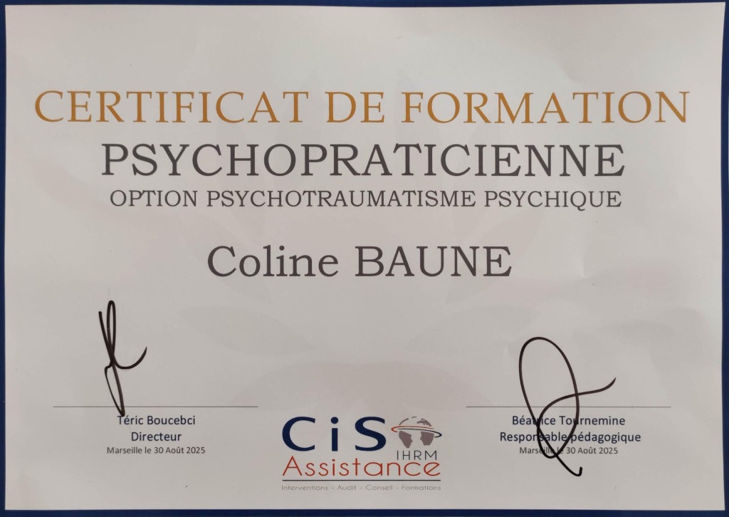 photo diplome Coline Baune Psychopraticienne