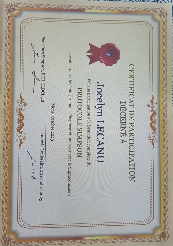 photo diplome Jocelyn Lecanu Psychopraticien Hypnose