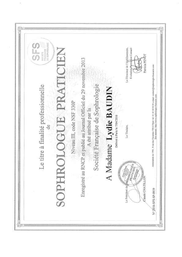 photo diplome Ma Parenthèse Sophro - Lydie BAUDIN