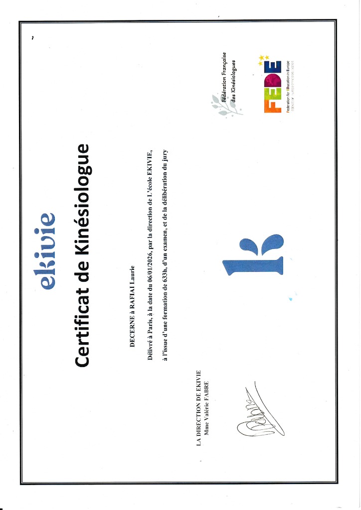 photo diplome Laurie Rafiai Kinésiologue