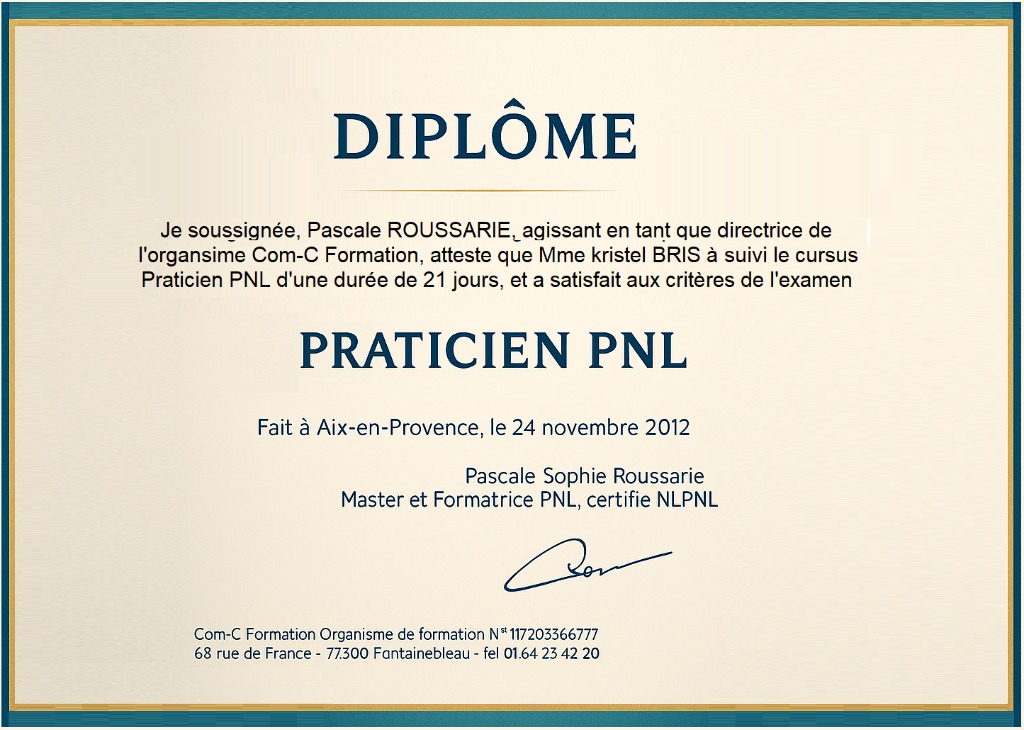 photo diplome Kristel B thérapie globale & énergétique chinois