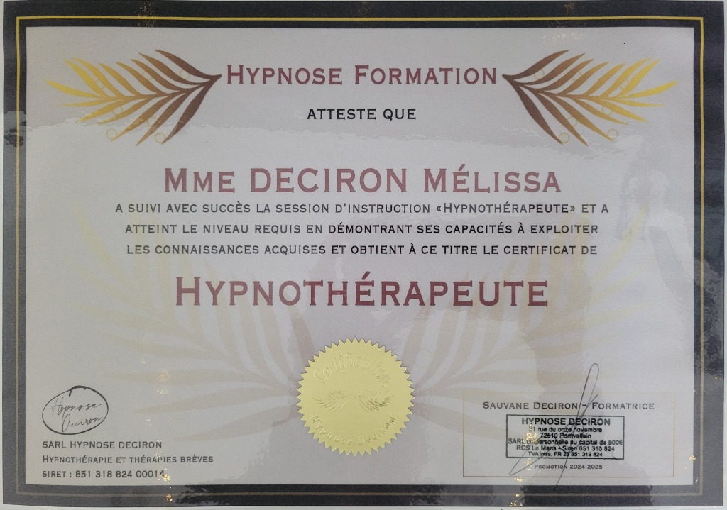photo diplome Mélissa Hypnothérapeute