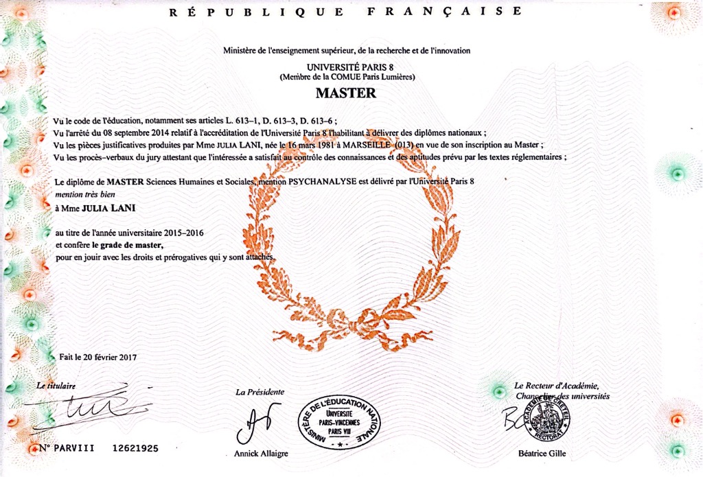 photo diplome J.Lani psychothérapeute EMDR SE psychanalyste hypn