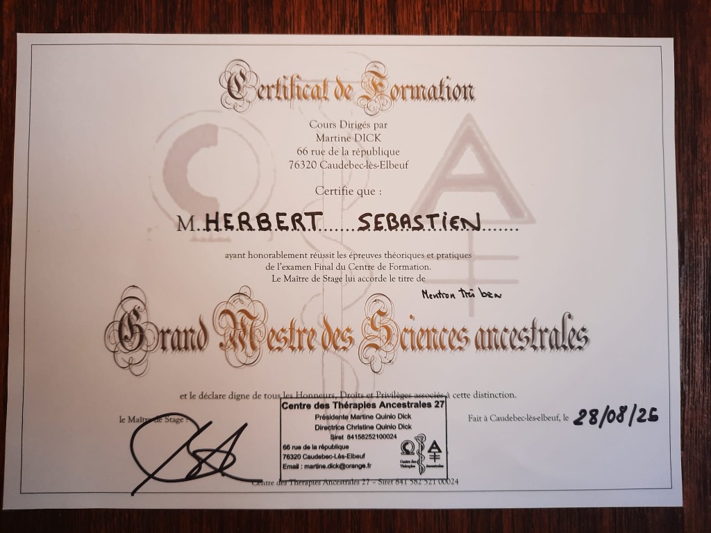 photo diplome Sébastien Herbert magnétiseur 