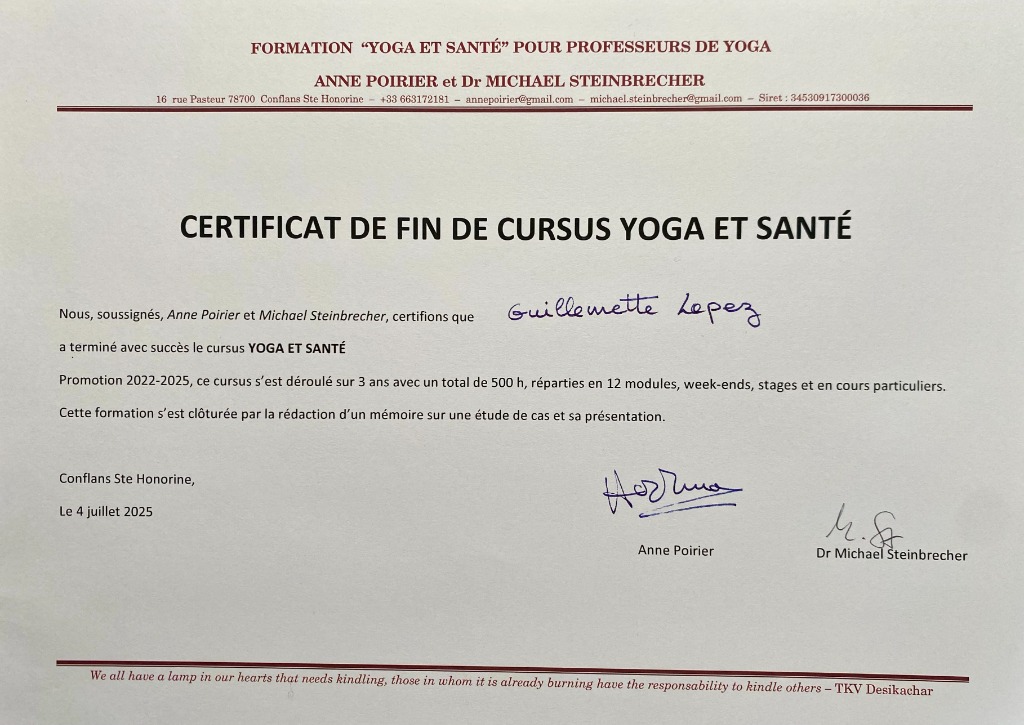 photo diplome G-Link Yoga Thérapie 