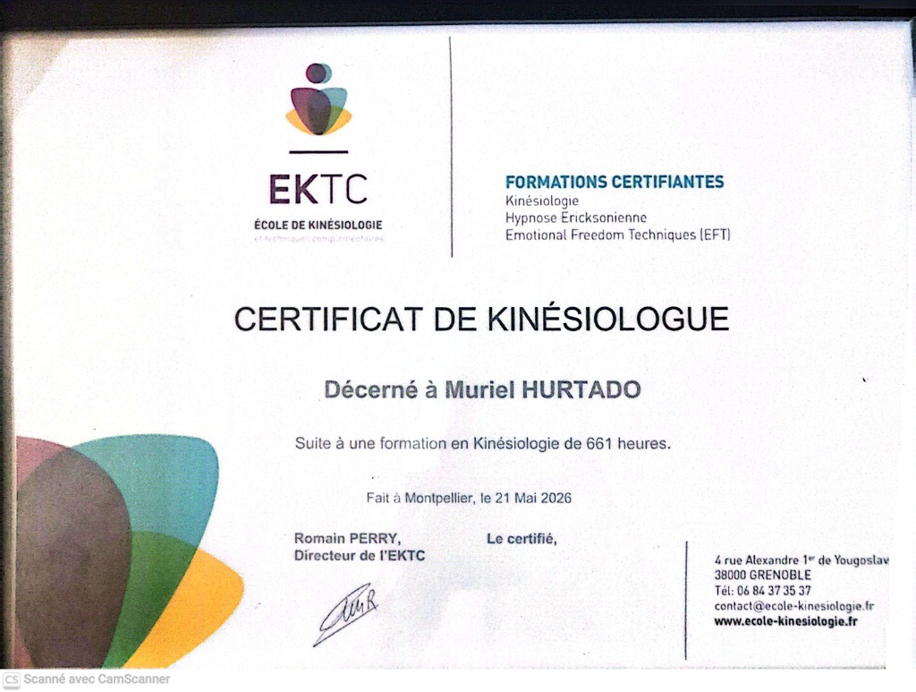 photo diplome Muriel Hurtado Kinésiologue Certifiée