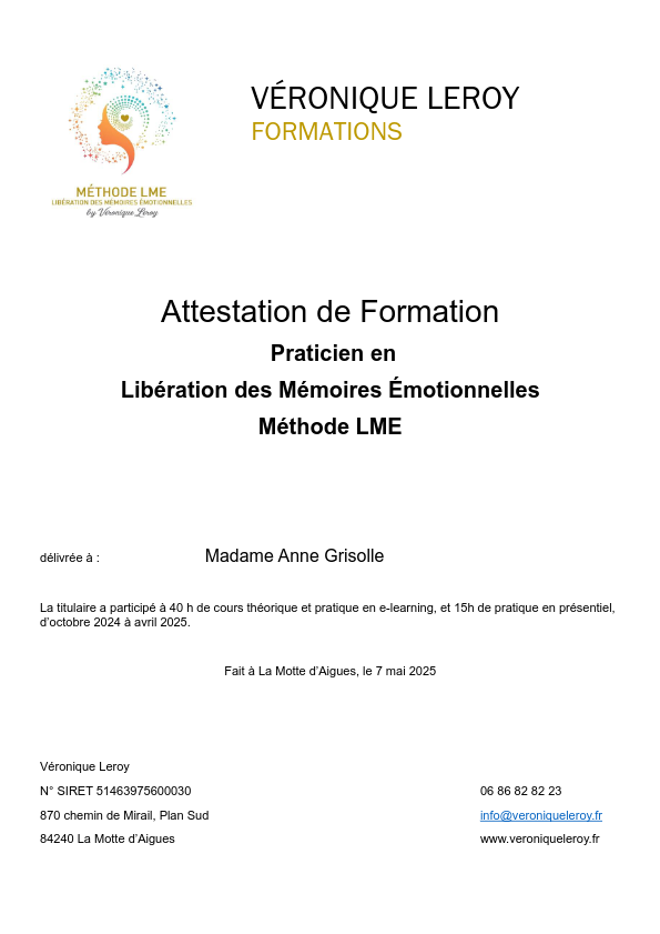 photo diplome Anne Grisolle - Libérations Émotionnelles