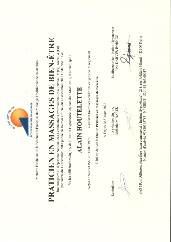 photo diplome Alain Houtelette Massages