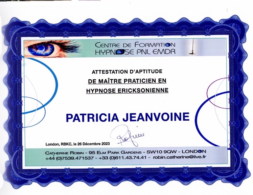 photo diplome Hypno’Pat Patricia JEANVOINE