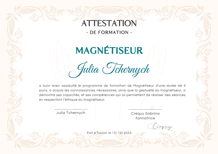 photo diplome Aux Murmures de l’Energie