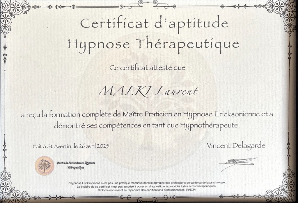 photo diplome Laurent Hypnothérapeute & soin énergétique Reiki