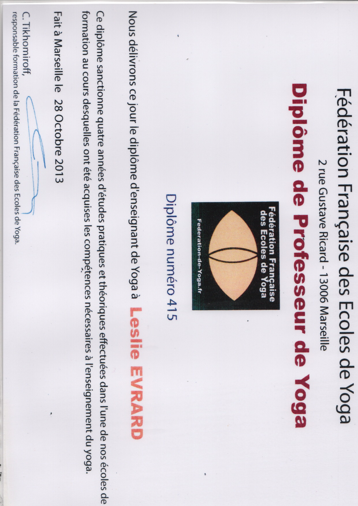 photo diplome Inspir’yoga Bassin