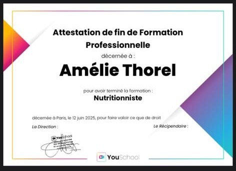 photo diplome Amelie Coach Nutrition