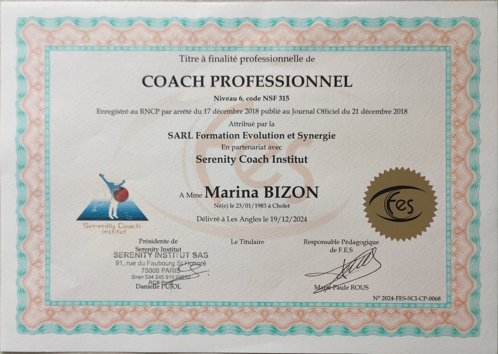photo diplome Marina BIZON Coaching professionnel