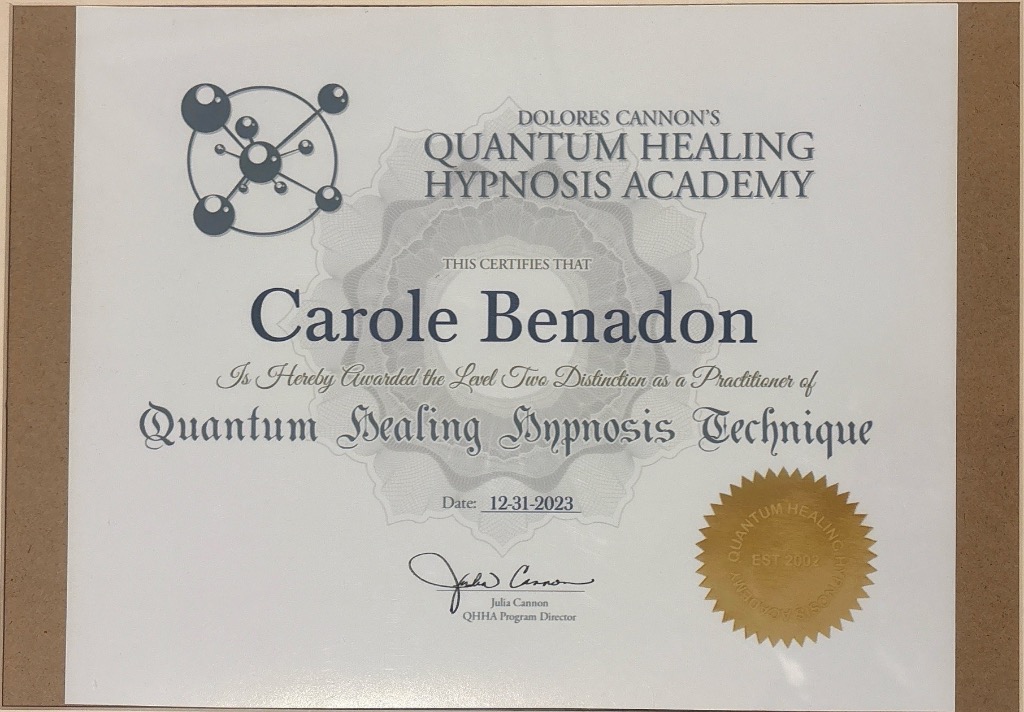 photo diplome Carole Benadon Hypnose QHHT® by Dolores Cannon