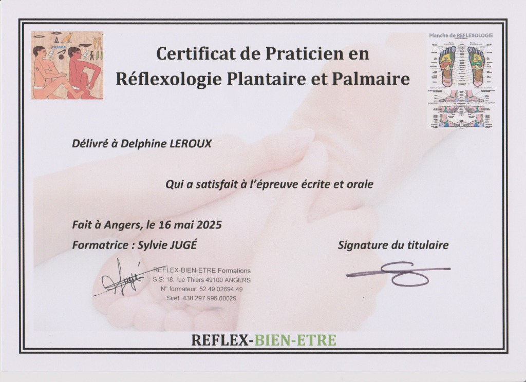 photo diplome Delphine LEROUX Réflexologue 