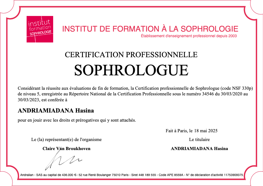 photo diplome Hasina Sophrologie